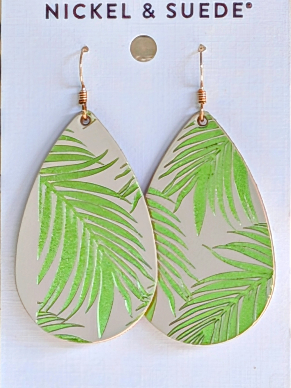 Nickel & Suede Green Palm Leaf TearDrop Earrings NWOT